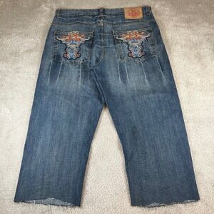 Soulland Denim Shorts Mens 38 Blue Embroidered Baggy Raw Hem Jorts Streetwear